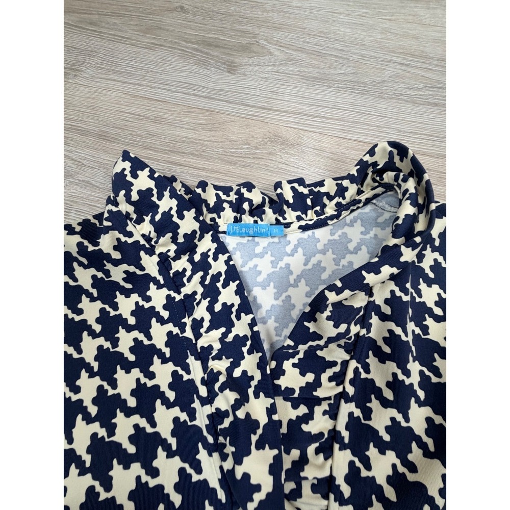 J. McLaughlin Navy Blue Cream Houndstooth Ruffle Neck A-Line Dress Womens Medium - Picture 2 of 9